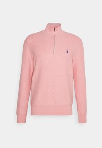 Ljusrosa, långärmad sweatshirt med kvartdragkedja gjord av strukturerad tyg, med en liten blå logotyp på vänster bröst och ribbade manschetter.
