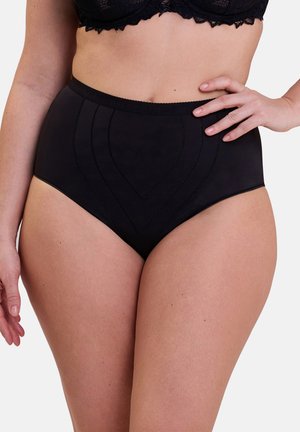 Culotte noire taille haute en tissu lisse, avec des détails de coutures courbes et une taille élastique douce.