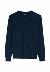 Granatowy sweter dzianinowy z dekoltem w kształcie litery V, długimi rękawami oraz ściągaczami przy mankietach i dole. Posiada małe, subtelne logo na klatce piersiowej. Wykonany z gładkiego materiału.