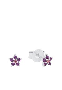 Orecchini a forma di stella argentata con pietre viola e rosa, caratterizzati da sei gemme incastonate a sei griffe e una chiusura a perno.