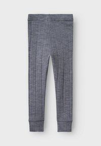 Collants gris à rayures avec une taille élastique et des poignets ajustés, en matériau texturé doux. Ils semblent extensibles et ajustés.