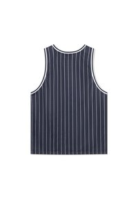 Kék tank top függőleges fehér csíkokkal, kerek nyakkal és ujjatlan kialakítással, könnyű, strukturált anyagból készült.