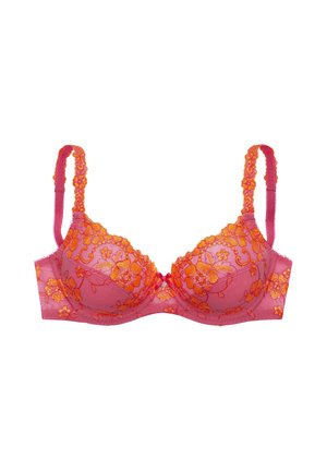 Pink bra with orange floral lace embroidery and adjustable straps, designed for support and decorative appeal.