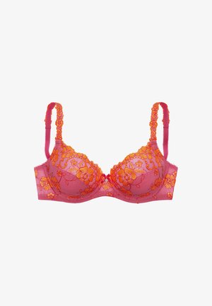 Pink bra with orange floral lace embroidery and adjustable straps, designed for support and decorative appeal.