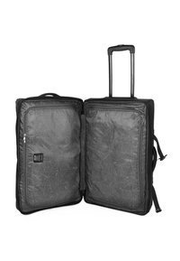 Maleta negra con ruedas y un interior gris con un patrón geométrico. Presenta dos compartimentos, cremalleras y un asa extensible para facilitar su transporte.