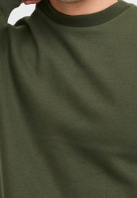 Olijfgroene sweatshirt met een geribbelde halslijn. Zachte textuur, eenvoudig ontwerp. Close-up van de stof zonder zichtbare patronen of logo's.