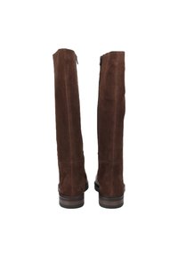 Bruine suède kniehoge laarzen met een gladde textuur, voorzien van een zijrits en een chunky hak voor stabiliteit.