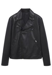 Giacca da moto in pelle nera con fodera trapuntata, cerniera asimmetrica e molteplici tasche con zip. Presenta collo con bottone a pressione e vestibilità sagomata.