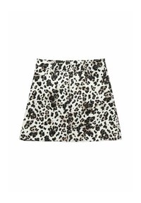 Leopardprint denimnederdel med hvid bund og sorte samt brune pletter, en frontknaplukning og en flæset kant.
