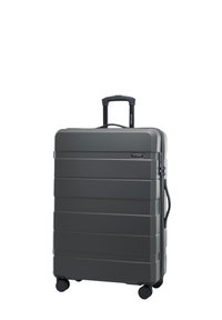 Šedý kufr s pevným povrchem a horizontálními drážkami, vysouvací rukojetí a čtyřmi kolečky pro lepší pohyblivost. Na přední straně je logo značky.