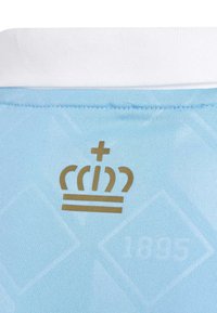 Ljusblått tyg med en vit krage har en guldig kronlogotyp och året "1895" präglat i materialet. Ytan är slät.