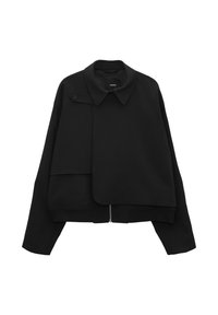 Zwarte jas met een gestructureerde kraag, rits aan de voorkant en een asymmetrisch ontwerp. Heeft een knoopaccent en gelaagde stoftextuur.