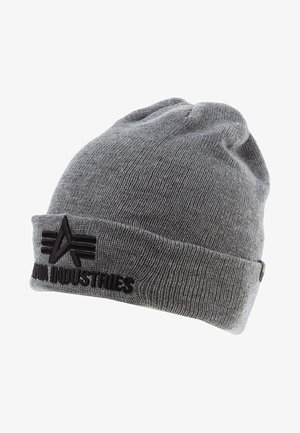 Gray knit beanie with cuff, featuring a black embroidered logo and design accents. Soft texture and slouchy shape.