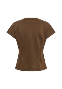 Chemise marron ajustée à manches courtes avec un col rond, vue de dos sur fond blanc.