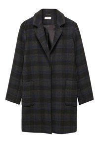 Cappotto in misto lana grigio scuro e a quadri blu, con colletto a lancia, due tasche frontali e una vestibilità rilassata.