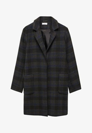 Płaszcz z wełny w ciemnoszarym i niebieskim kratkowym wzorze, z kołnierzem w kształcie litery V, dwoma przednimi kieszeniami i luźnym krojem.