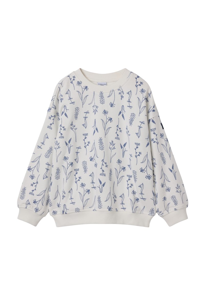 Vaalean kermanvärinen collegepaita, jossa on tummansininen kukkakuosi, pitkät hihat, ribbaus hihansuissa ja helmassa. Valmistettu pehmeästä puuvillakankaasta. Rentoa, löysää istuvuutta.