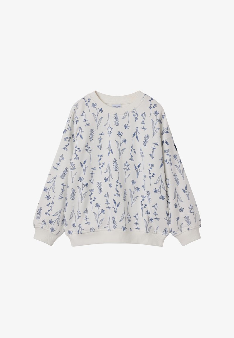 Vaalean kermanvärinen collegepaita, jossa on tummansininen kukkakuosi, pitkät hihat, ribbaus hihansuissa ja helmassa. Valmistettu pehmeästä puuvillakankaasta. Rentoa, löysää istuvuutta.