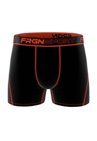 Boxers noirs avec une taille élastique arborant la marque "FRGNSPORT". Des coutures en orange vif soulignent les seams. Tissu doux et extensible.