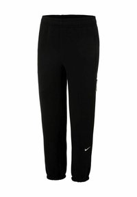 Zwarte Nike-sweatpants met een elastische tailleband, taps toelopende pijpen en een wit logo op de linkerheup. Soepele stof zonder zichtbare patronen of accenten.