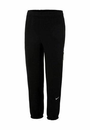 Pantalons de survêtement noirs Nike avec une taille élastique, jambes fuselées, et logo blanc sur la hâte gauche. Tissu lisse sans motifs ou accents visibles.