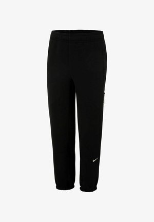 Black Nike sweatpants with elastic waistband, tapered legs, and white logo on the left hip. Smooth fabric with no visible patterns or accents.