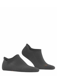 Enkelsokken in donkergrijs gebreid materiaal, met een naadloos ontwerp, ribbelboord en een klein oranje accent aan de zijkant.