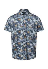 Camicia a maniche corte con bottoni, caratterizzata da uno sfondo blu scuro e un motivo floreale in tonalità di azzurro chiaro, beige e verde. Tessuto morbido.
