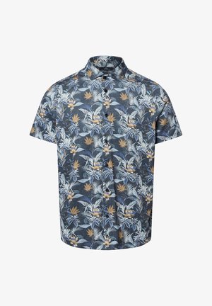 Kurzarm-Hemd mit Knopfleiste, das einen dunkelblauen Hintergrund mit einem floralen Muster in hellblau, beige und grünen Farbtönen zeigt. Weicher Stoffeindruck.