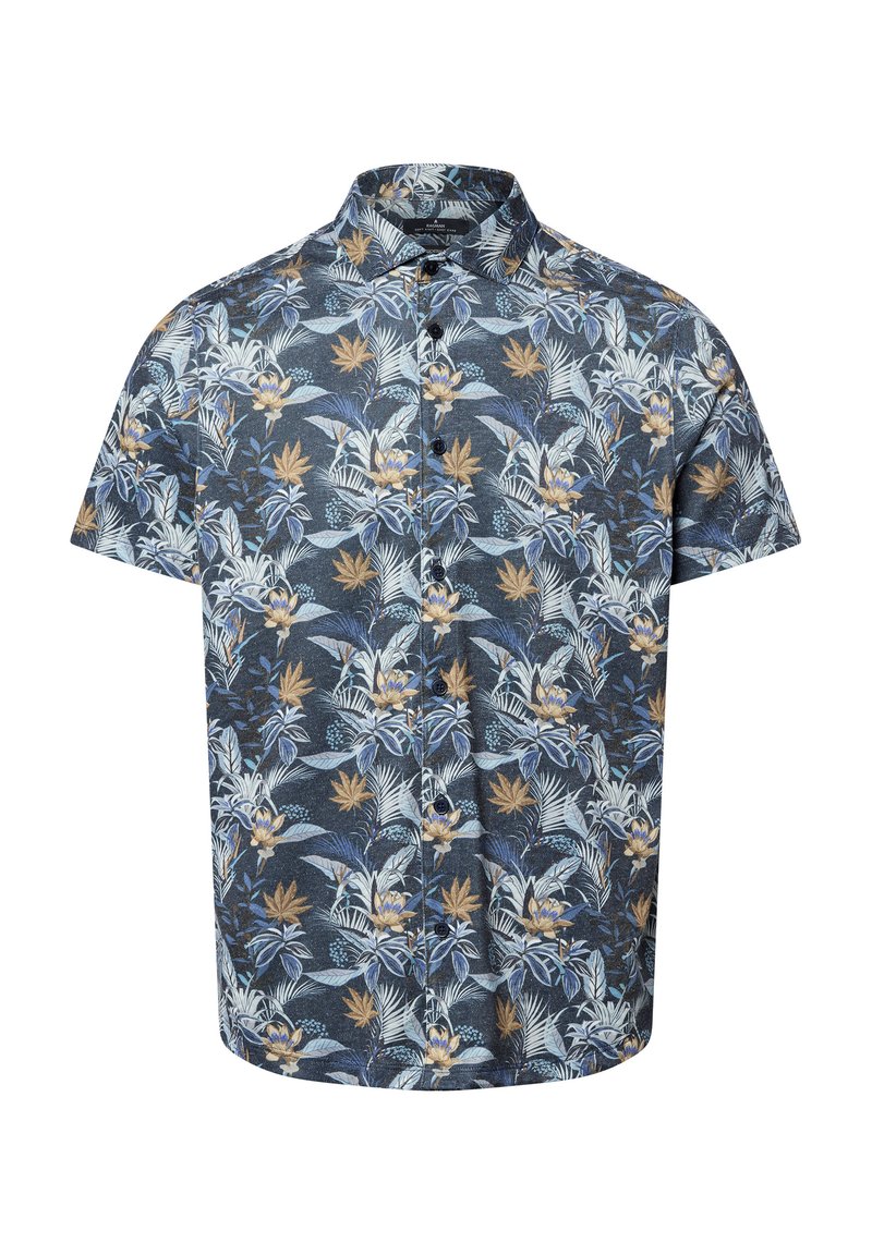 Camicia a maniche corte con bottoni, caratterizzata da uno sfondo blu scuro e un motivo floreale in tonalità di azzurro chiaro, beige e verde. Tessuto morbido.