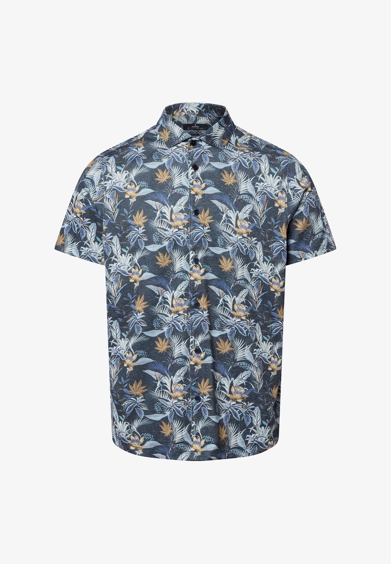 Korte mouw knoopshirt met een donkerblauwe achtergrond en een bloemmotief in lichtblauwe, beige en groene tinten. Zachte stoftextuur.