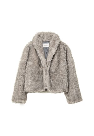 Gray faux fur cropped jacket with long sleeves and a wide collar, featuring a visible brand label inside the neckline.