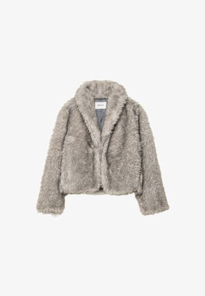 Šedá kožešinová zkrácená bunda s dlouhými rukávy a širokým límcem, se zřetelnou značkovou etiketou uvnitř výstřihu.