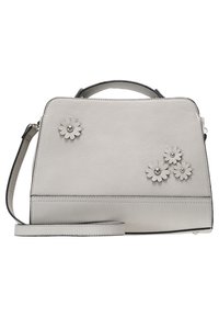 Harmaa teksturoitu nahkalaukku, joka on muotoiltu rakenteellisesti. Siinä on kukka-appliikkeja ja irrotettava olkahihna. Korostustikkaus reunoilla.