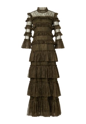 Vestido de encaje verde oliva con volantes en capas, mangas largas con puños acampanados y un escote alto. La capa superior transparente añade textura y detalle.