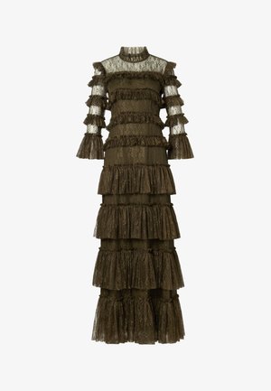 Olive green lace dress with tiered ruffles, long sleeves with flared cuffs, and a high neckline. Transparent top layer adds texture and detail.