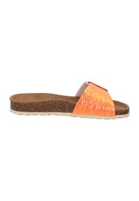 Infradito con tomaia strutturata arancione, fodera in sughero e suola in gomma leggera. Il design include una sola fascia larga.