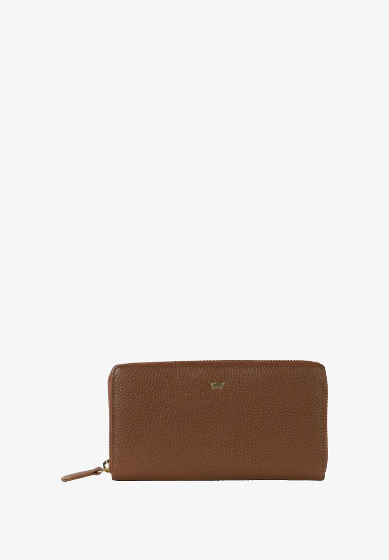Portafoglio in pelle marrone con una texture a granulato, chiusura con zip e accessori in oro. Presenta un piccolo logo impresso sul davanti.