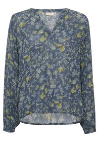 Blouse à manches longues de couleur bleu marine avec un motif floral jaune et violet. Décolleté en V et coupe décontractée avec des manches légèrement froncées.