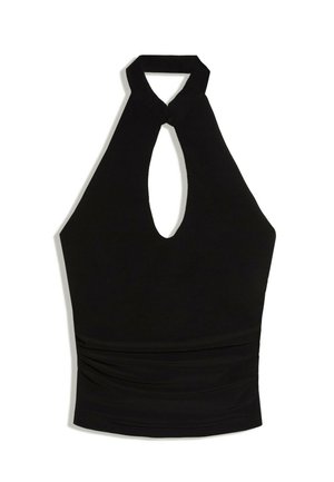 Crop top noir à col halter avec ouverture en forme de goutte sur le devant et détail froncé à la taille.