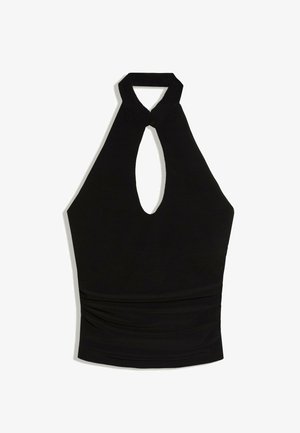 Top corto nero a collo halter con apertura a goccia sul davanti e dettaglio arricciato in vita.