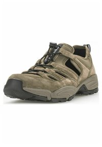 Mittelgrüner Wanderschuh mit Obermaterial aus Wildleder, atmungsaktiven Ausschnitten, schwarzen Schnürsenkeln und einer robusten Gummisohle für Traktion.