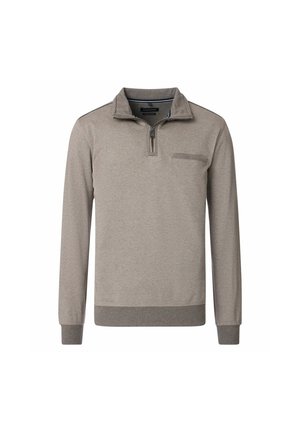 Helles grauer Pullover-Sweatshirt mit einem Reißverschlusskragen, gerippten Bündchen und Saum. Verfügt über eine Brusttasche mit horizontaler Öffnung.