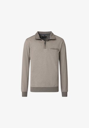 Light gray pullover sweatshirt with a zippered collar, ribbed cuffs, and hem. Features a chest pocket with a horizontal opening.