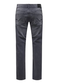 Slim-fit, dark gray jeans with a faded wash, five pockets, and distinctive stitching on the back pockets. Button and zipper closure.