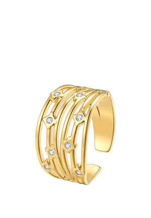 Weit geöffneter Goldring mit mehreren parallelen Bändern und kleinen runden klaren Edelsteinen, die vorne gleichmäßig verteilt sind.