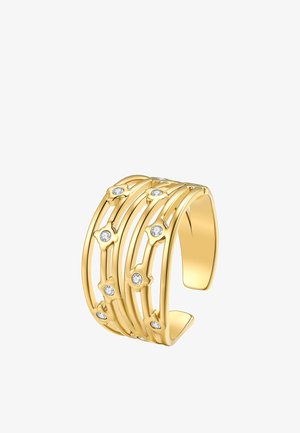 Breed open gouden ring met meerdere parallelle banden en kleine ronde heldere edelstenen gelijkmatig verdeeld aan de voorkant.