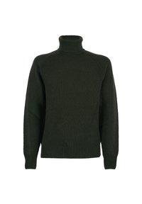 Maglione a coste di colore verde scuro con colletto alto, maniche raglan e tessuto testurizzato. Presenta polsini aderenti e orlo dritto.