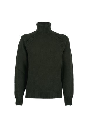Maglione a coste di colore verde scuro con colletto alto, maniche raglan e tessuto testurizzato. Presenta polsini aderenti e orlo dritto.