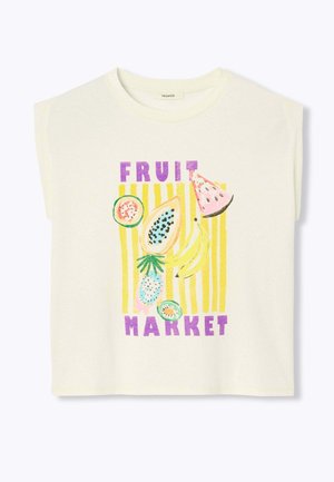 Haut sans manches crème avec des rayures verticales jaunes, illustrations de papaye, bananes, pastèque, kiwi et texte "FRUIT MARKET" en violet.